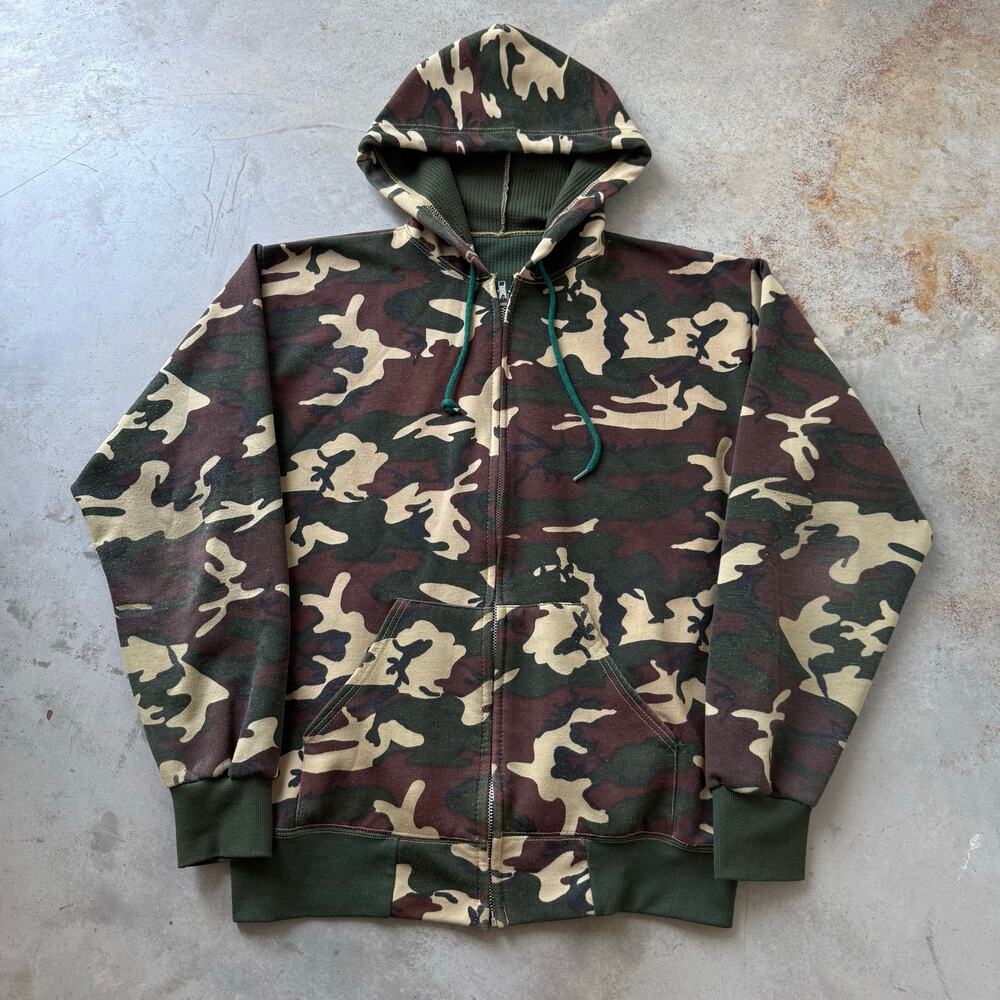 Vintage 80’s Woodland Camo Retro Classic Thermal Lined Zip Up Hoodie Size Large